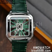 Cartier Santos Skeleton SS RICH 1:1 Best Edition Skeleton Green Dial on Green Leather Strap 9611MC Super Clone V2