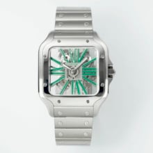 Cartier Santos Skeleton SS RICH 1:1 Best Edition Skeleton Green Dial on SS SmartLink Bracelet 9611MC Super Clone V2