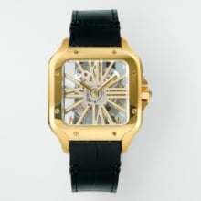 Cartier Santos Skeleton YG RICH 1:1 Best Edition Skeleton Dial on Black Leather Strap 9611MC Super Clone V2